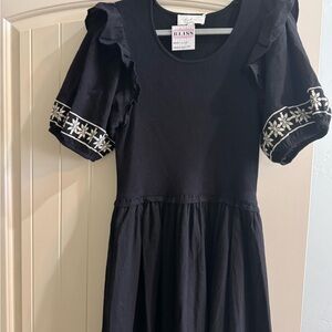 Bliss Black Puff Sleeve Dress with White Floral Embroidery